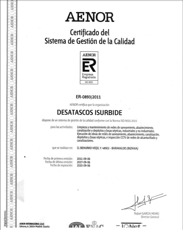 certificado de gestion de calidad aenor 2017-2020 desatascos isurbide